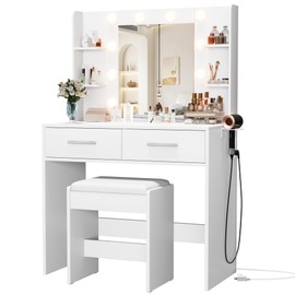 YESHOMY Vanity Desk with Mirror, Makeup Table with 2 Large Drawers, Power Outlet and Round Holder, 3 Color Modes Adjustable Bulb, Pure White