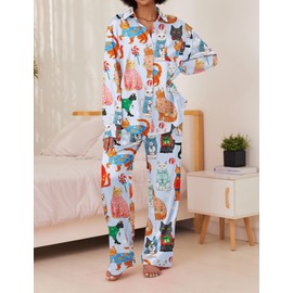 Ekouaer Womens 2 Piece Silk Satin Pajama Set Long Sleeve Lounge Sets Button Down Shirts and Pants PJs Soft Sleepwear Sets Blue Cat M