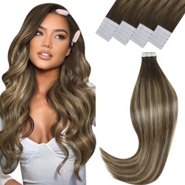 Vivien Invisible Tape Extensions Real Hair Ombre Brown 22 inches / 55 cm Tape Hair Extensions Real Hair Remy Human Hair Dark Brown to Caramel Blonde 50 g Tape-In Hair Extensions with Tape 20 Tapes #4/27/4