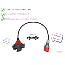 RoadEu CEE High Current Adapter, CEE Plug 16 A, 380 V to 220 V Adapter, 3 x 220 V Schuko Coupling, 5 x 2.5 mm Rubber Cable 0.5 Metre. Adapter 16 A to 230 V. High Current Distributor
