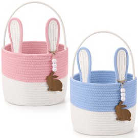 Wonderjune 2 Pcs Large Easter Baskets Woven Rope Bunny Basket Unique Easter Basket with Rabbit Wood Name Tags for Egg Hunt Girls Boys(Blue White, Pink White)