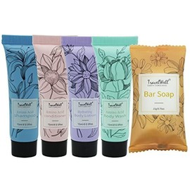 Travel Well Flower Series Mini Hotel Toiletries - Individually Wrapped Guest Bathroom Amenities in Bulk - Shampoo & Conditioner Minis Bulk - Body Wash & Lotion Sets - 60 Sets, 15 ml & 21 g Bars