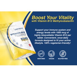 Purosure Vitamin B12 1000µg | 365 High Strength Easy to Swallow Tablets | Methylcobalamin Vegetarian and Vegan Tablets | Tiredness and Fatigue Tablets | | Manufactured in The UK | (365 Tablets)