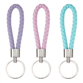 PPhtony Braided Leather Key Fob Car Keychain Ring Woven Strap Keychain Accessories for Men Women Birthday Christmas Gifts (3, Pink, Blue, Purple)