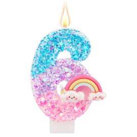 Regenbogen Geburtstagszahlkerze, Glänzende Bunte Macaron Geburtstagskuchenkerzen Partyzubehör mit Cartoon Thema Regenbogen Kuchendekorationen (Zahl 6)