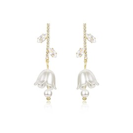 Dainty Spring Shell Pearl Flower CZ Leaf Dangle Drop Earrings for Women Sterling Silver Post Flower Statement Tassel Dangling Lightweight Hypoallergenic Fashion Jewelry Gift Her