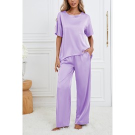 Women's Silk Satin Pajama Sets 2 Piece Short Sleeve with Long Pajama Pant Silky Sleepwear Lounge Set (XX-Large,Light purple)