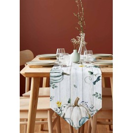 Pumpkin Eucalyptus Table Runner 70 inches Long Fall White Pumpkin Leaves Farm Harvest Wood Grain Non-Slip Washable Burlap Table Linens for Family Dinner, Autumn Parties, Gathering Tabletop Decorations
