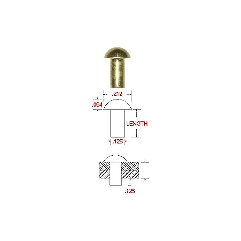 1/8 X 5/8 Solid Brass Round Head Rivet, .225 Head