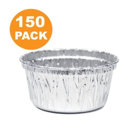 [150 Pack] Round 3.3 Inch 4 oz Aluminum Foil Cupcake Bowl Pans, Muffin Ramekin Utility Souffe Cup, Hot Cold Freezer Roasting Baking Oven Safe