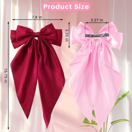 Hair Bows for Women Oversized Bow Hair Clips with Long Tail Large Silky Satin Hair Bowknot Vintage Hair Accessories for Women (Pink and Red)