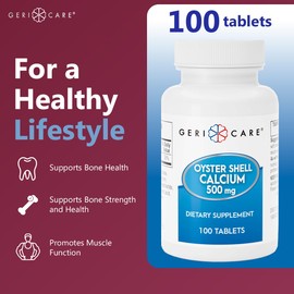 GeriCare Oyster Shell Calcium 500 mg, Bone Health & Strength Nutritional Supplement, Supports Muscle Functions, 100 Count (Pack of 2)