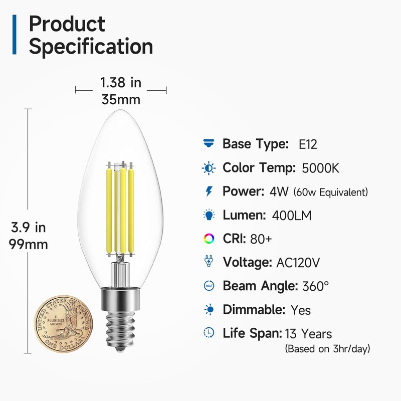 SHINESTAR 12-Pack Dimmable E12 LED Candelabra Bulbs 60W Equivalent 5000K
