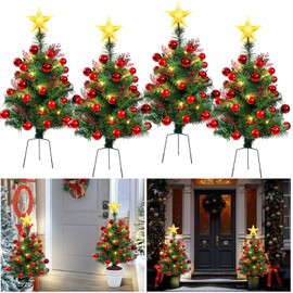 Arrowbash 4 Pack 30 Inch Pre Lit Pathway Star Topper Christmas Trees with LED Lights, Outdoor Artificial Xmas Tree Decoration with Ball Ornament, Branch Garland for Porch, Driveway, Yard, Garden