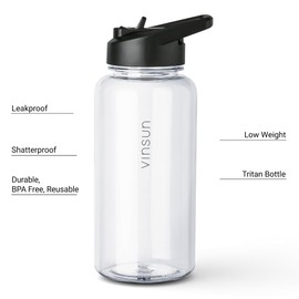 VINSUN Water Bottle 1L with Straw Lid - Tritan, BPA Free, Leak-proof - Lightweight Drinking Bottle for Sports, Outdoor, School, Bike, Gym