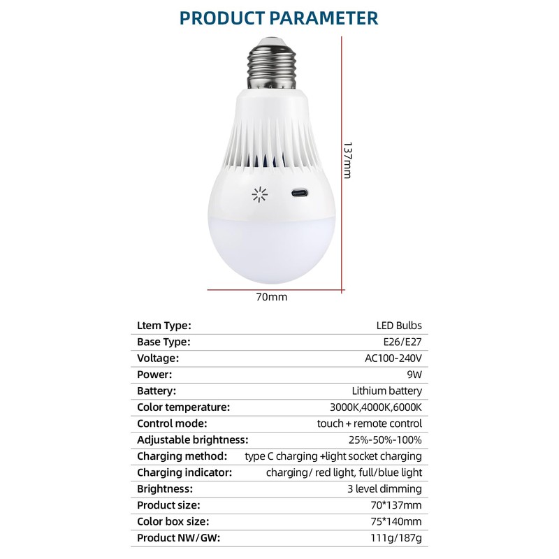 Rechargeable Light Bulbs with Remote, 3 Colors Shift + Dimmable