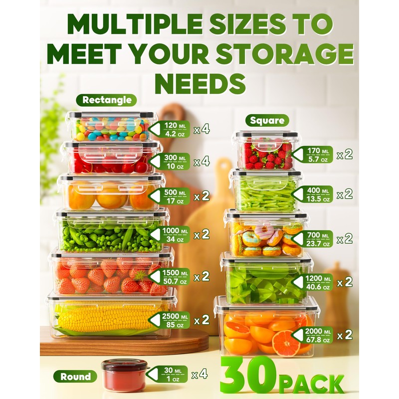 KEMETHY 60 PCS Food Storage Containers with Lids, BPA-Free Plastic