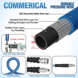 Pressure Washer Hose, 3/8" x 100FT Power Washer Hose, Kink Resistant Hot and Cold Water Flexible Washing Hose Max 248°F, 4800 PSI Commercial Industrial Grade Steel Wire Braided Extension Hose