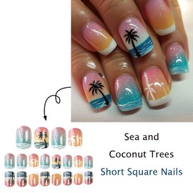 ONPRESS 24Pcs Summer Press on Nails Short Square Fake Nails with Coconut Tree Designs White French Tip Glue on Nails Coffin Shaped Gradient Beach False Nails Glitter Acrylic Stick on Nail for Women