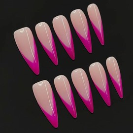 GREENTEA Handmade Long Stiletto Press-On Nails, Pink V-Shape French Tips, Nude and Hot Pink Ombre, 10 Pieces,Size-M