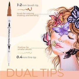 Ohuhu Skin Tone Colouring Pens, 36 Dual Tip Brush Pens Felt Tip Pens Fineliner Art Markers Set, Skin Tone Water Based Marker Pens for Calligraphy Drawing Sketching Coloring Book