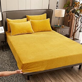 Damier Plush Fitted Sheet 120 x 200 cm Gold Yellow Fluffy Bed Sheet Winter Warm Cashmere Touch Fitted Sheet Suitable for 30 cm Mattress
