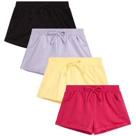 Real Love - Pantalones cortos activos para niñas, paquete de 4 pantalones cortos de rizo francés con puños (talla 7-16), Fucsia/Negro/Lila/Amarillo, 7-8