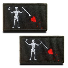 Pack of 2 Black Beard Pirate Red Heart Military Embroidered Applique Clasp Pirate Flag Emblem Patch for Attaching to Clothes Jackets Jeans Hat Vest Dog Harness Collecting