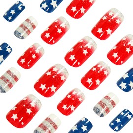 4th of July Press on Nails Red Blue Fake Nails with Stars Design Independence Day Glitter False Nails Medium Square Acrylic Nails Fourth of July Glossy Glue on Nails for Women 24Pcs