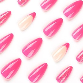 French Tip Press on Nails Medium Almond - WLGDLH Fake Nails Rose Red False Nails Press ons Full Cover Nail Tips with Rose Red Glitter Design Acrylic Nail Kit Stick on Nails for Women Manicure 24 Pcs