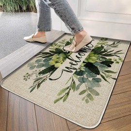 Safarsa Spring Flower Seasonal Welcome Mats Outdoor Eucalyptus Floral Leaves Door Mat 30" x 17" Non-Slip Washable Mats Indoor Entrance Front Doormat