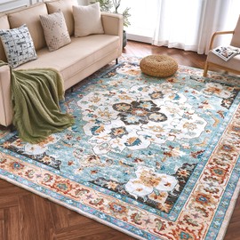 ROCYJULIN 8x10 Area Rugs for Living Room, Fluffy Faux Wool Area Rugs 8x10 for Bedroom, Medium-Pile 8x10 Rug with Non-Slip Backing, 8 x 10 Large Washable Carpet for High Traffic, Cyan & Orange