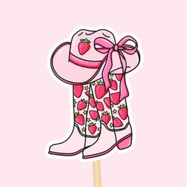 Cowboy Boot Sticker -- Pink Coquette Strawberry Aesthetic Sticker, Cute Western Decor for Water bottles, Laptop, Kindle & more - Size: 3x3