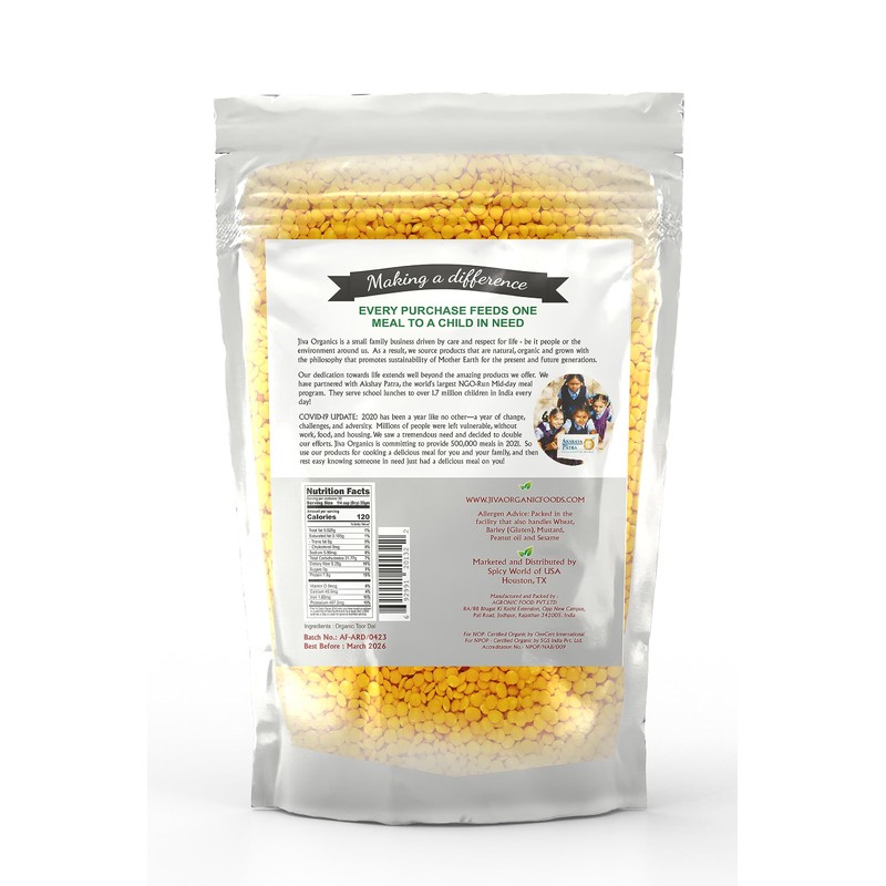 Jiva Organic Toor Dal Kori, Unoily, Madhi 2 Pound Bag