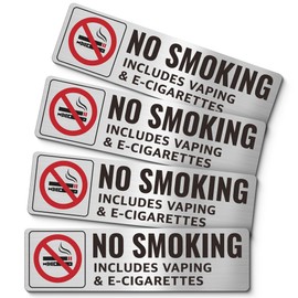 (4 Pack) No Smoking Sign Includes Vaping & E-Cigarettes, 7x2" Brushed Aluminum Warning Sign for Business, Modern Silver Metal Signage with 8 Heavy-Duty Adhesive Strips, Indoor & Outdoor Use