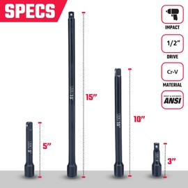 NEIKO 00248A 1/2-Inch-Drive Impact Extension-Bar Set, Impact Socket Extension Made with CrV Steel, 1/2 Impact Extension Set Includes 3-Inch, 5-Inch, 10-inch, 15-inch