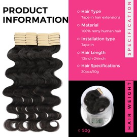 Lashey Hair Extensions Tape in Hair Extensions Human Hair Body Wave 20pcs 50g/pack Tape in Hair Extensions 22 Inch Natural Black Real Human Hair Extensions for Black Women
