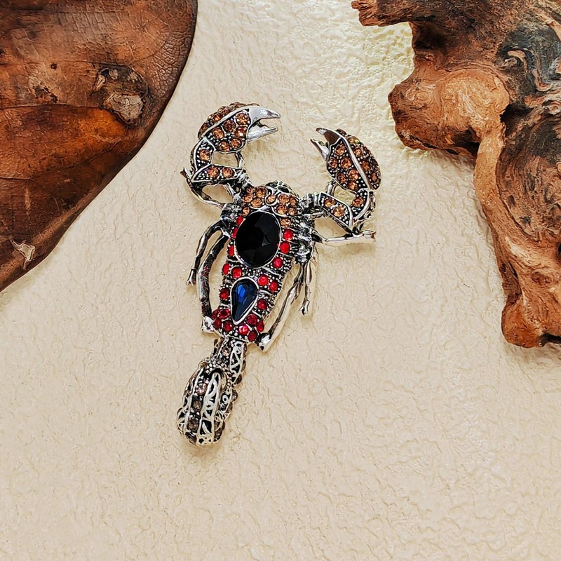 KINMOT Steampunk Silver-tone Red Blue Crystal Scorpion Brooch with Bend