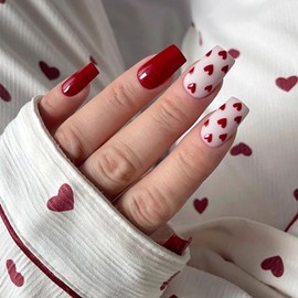 24Pcs Valentine's Day Press on Nails Medium Coffin Fake Nails Red Heart Design with White Glossy Stick on Nails Full Cover Artificial Glue on Nails Romantic Valentines False Nails for Women DIY Nails