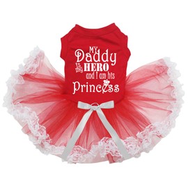 Petitebelle My Daddy Is My Hero And I Am His Princess Welpen-Hundekleid (Rot/Rot/Weiße Spitze, XXXL)
