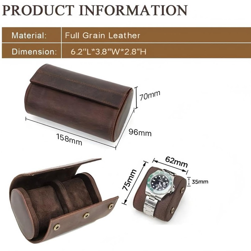 UPRESYE Genuine Leather Watch Roll Travel Case,2 Slots Full Grain