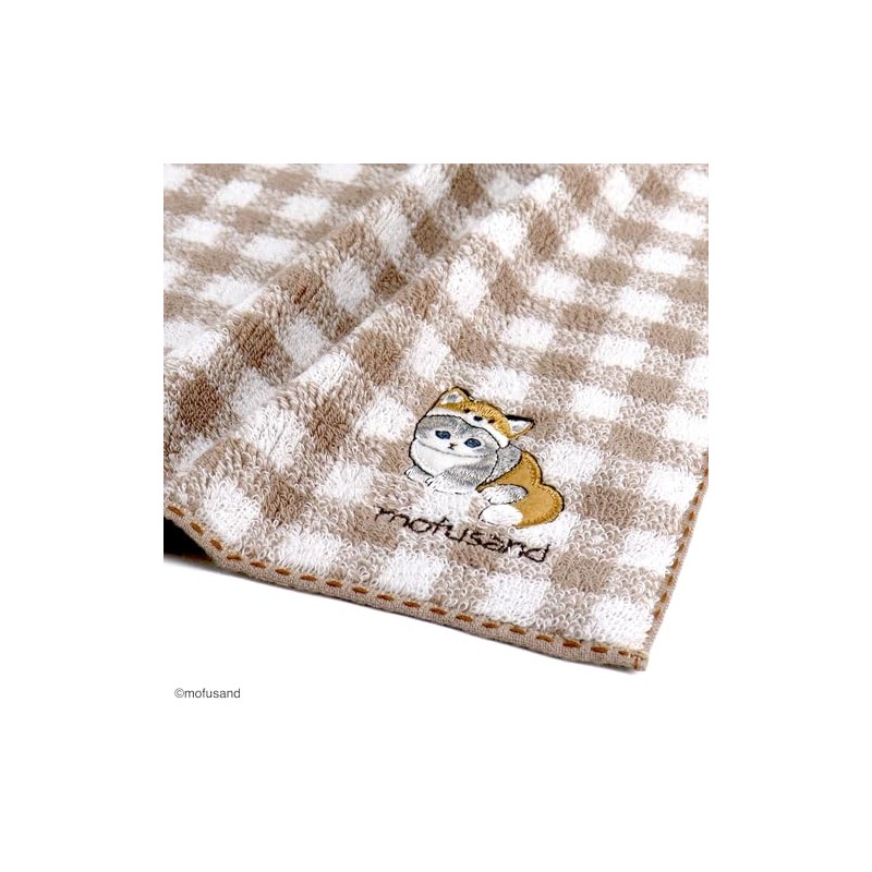mofusand 43-0120080 Gingham Stitch Towel Handkerchief, Beige, Cat Checker, Cute,