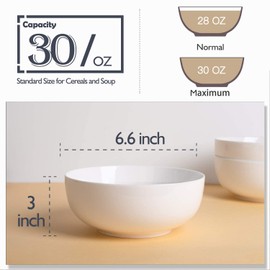 DELLING 30 Oz Porcelain Soup Bowls Set of 6 - Large White Ceramic Deep Serving Bowls for Kitchen, Pasta Salad Rice Oatmeal Cereal, Microwave Dishwasher Oven Safe, Stackable