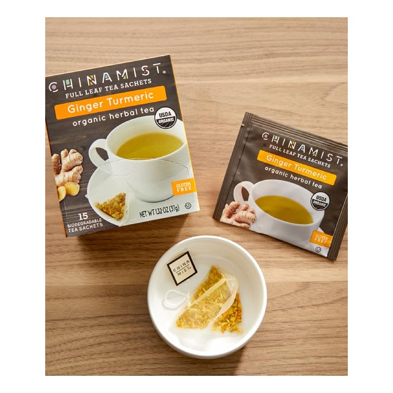 China Mist Full Leaf Tea Sachets, Ginger Turmeric Organic Herbal
