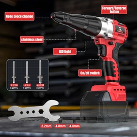 Cordless Pop Rivet Gun Kit for Milwaukee 18V: Brushless Electric Riveters Gun Tool with 3-Size Steel Rivets(1/8"-5/32"-3/16") LED Light & Nose Piece for M18 Battery(Bare Only)