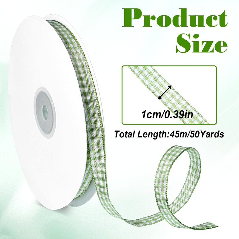 50 Yards Green Plaid Ribbon, 3/8 Inch Green and White