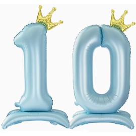 JEYE Baby Blue 10 Number Balloons 40 Inch Big Giant Jumbo Birthday Balloons Foil Mylar Standable Self Standing Balloons with Base for Boy's 10th Birthday Party Decorations