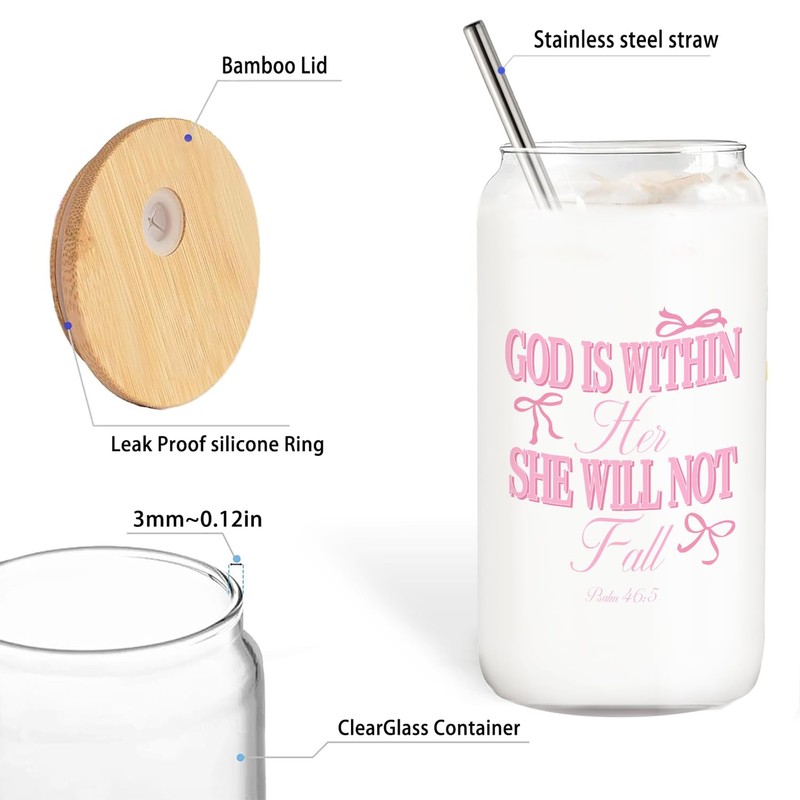 BEHIFL Coquette Pink Bow Christian Glass Cup with Lids and