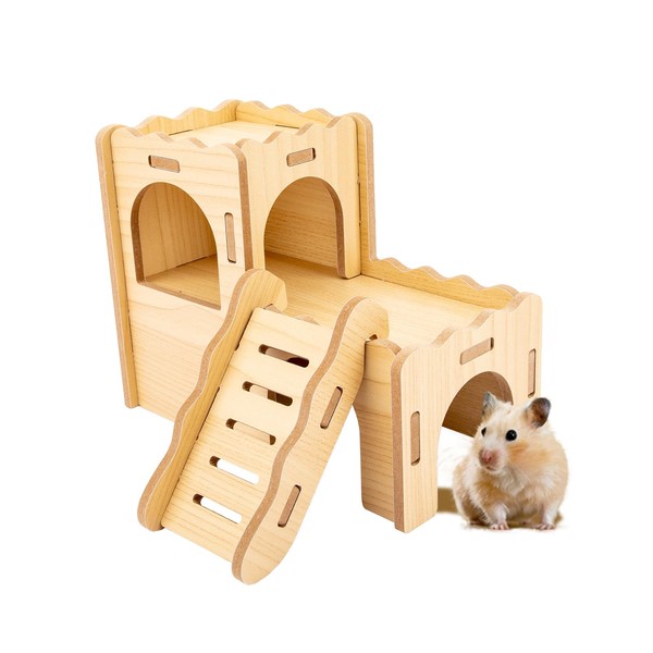 Natural Wood Hamster Cage Accessories, Maze Cabin with Fun Slide