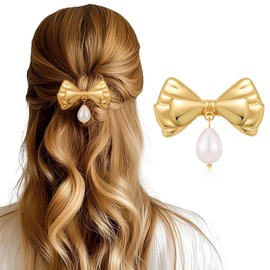 14k Gold Bow Alligator Hair Clips with Pearl Pendant, Chunky Bowknot Hairpins Cute Ribbon Hair Barrettes Y2K Accessories for Fashion Party Trendy